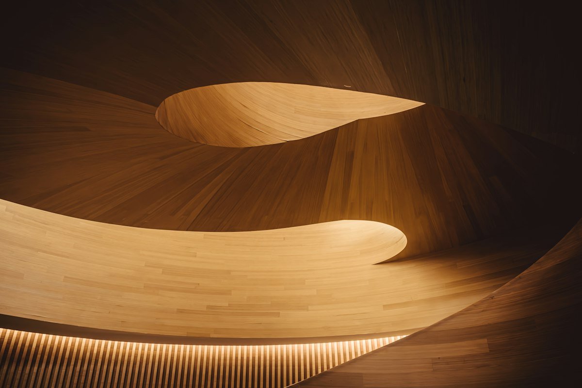 Plafond en bois courbé percé d'une ouverture zénithale