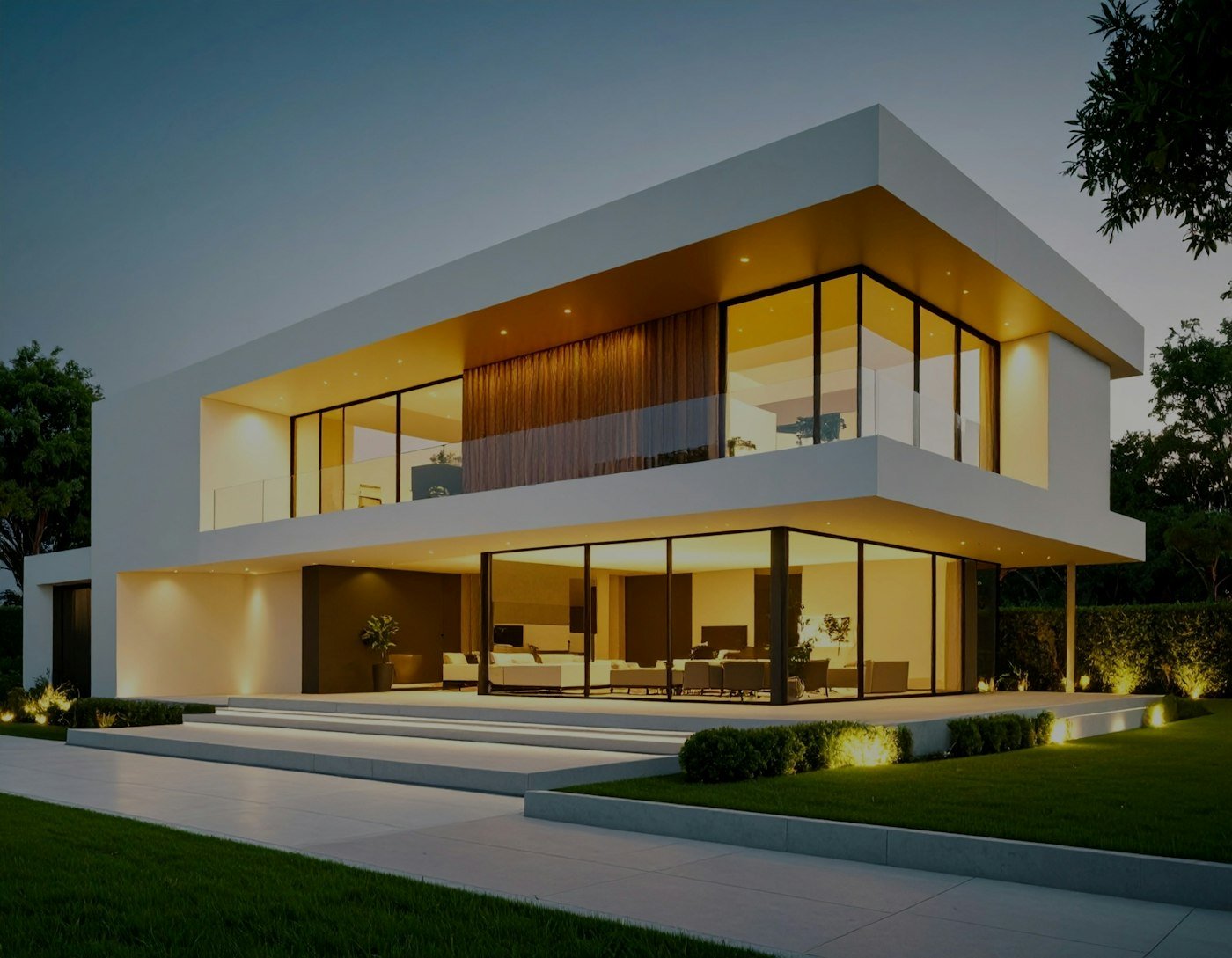 Maison contemporaine éclairée à la tombée du jour
